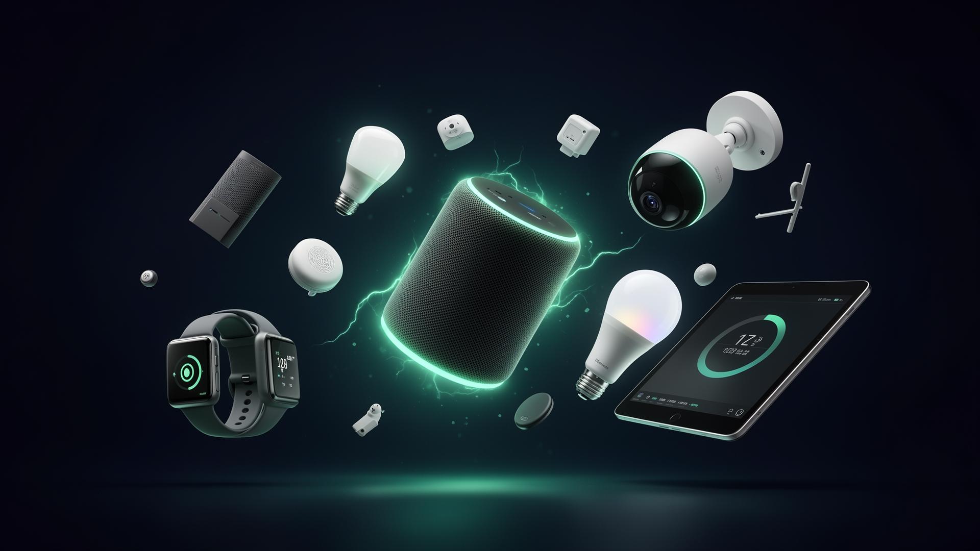 Floating array of smart devices: speaker, smartwatch, camera, bulbs and tablet